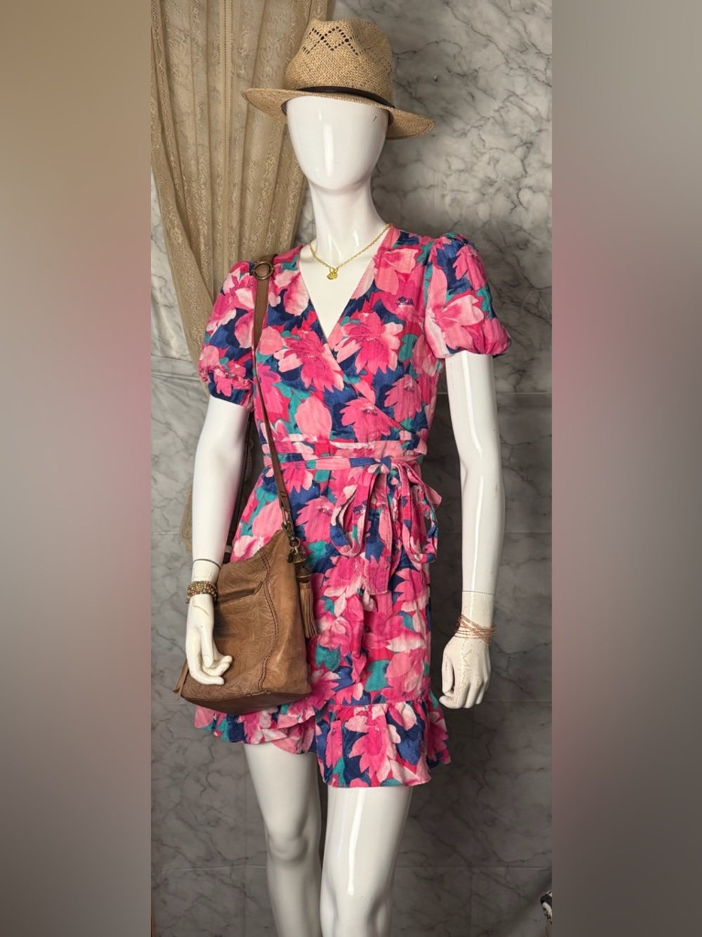 Draper James Pink Floral Wrap Dress Cotton Ruffle Hem Puff Sleeve Size 4 Cotton